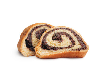 Two slices of poppy seed roll isolated on white background