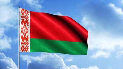 Flag of Belarus.Motion. A bright two-colored flag with a pattern on a white stripe flies in the sky.