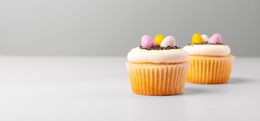 Easter wide banner with copy space. Cupcakes with cream, colorful candy eggs dragees, chocolate sprinkles, isolated on a monochrome gray background.
