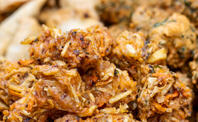 Selective focused delicious fried onion cookies close up shot