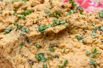 Close up shot of a pile of pea boiled indian food on a street food market