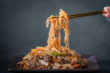 Japchae Korean noodles with veggies and beef