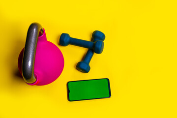 Phone kettlebell space yellow dumbbells lue isolated iron fit, for exercise dumbbell in healthy from gym weight, metal power. Kg icon steel,