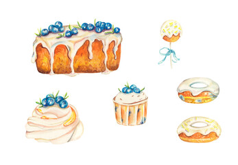 Watercolor gingerbread with blueberry. Blueberry desserts. Pavlova cake, cupcakes, donuts and lollipops. Spring cakes with berries. Bright food set. design for greeting, gifts, cards, love, bakery