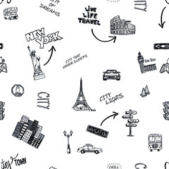 Handdrawn cities famous landmarks in seamless pattern