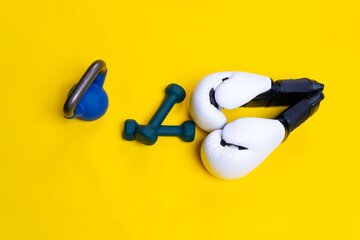 Kettlebell yellow isolated space blue ackground fitness cast health, for lifestyle sport from power for athletic box, fight winner. Sportswear fighter boxer,