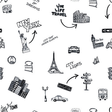 Handdrawn cities famous landmarks in seamless pattern