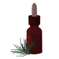 bottle with essential oil pipette with pine branch, vector illustration