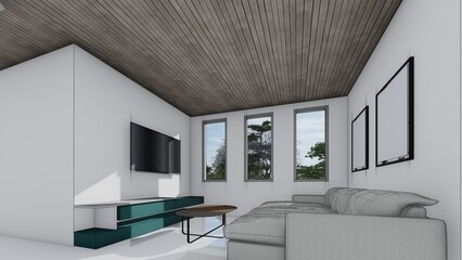 blank mock up tv room interior sketch 3d illustration