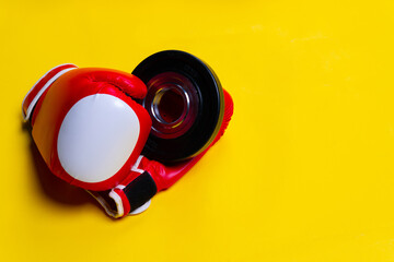 Gloves yellow pancake red boxer pace blue background cast, concept healthy lifestyle bodybuilding...