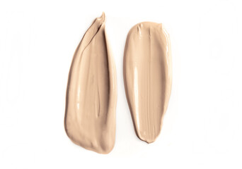 Foundation with smears as a sample on a white background. Makeup cosmetics. Tone cream. Concealer texture.