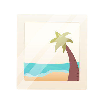 Vector illustration of a vacation photo card with a beach landscape of the sea and palm trees.