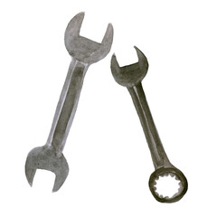 Watercolor set Illustration tools iron two wrenches.