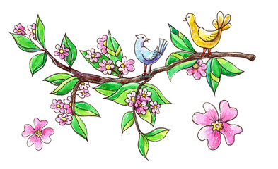 Spring watercolor illustration with flowering branch and birds. Pink flowers with green leaves.