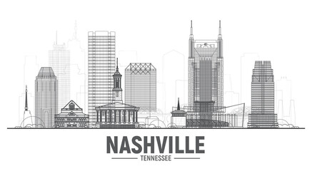 Fototapeta Nashville Tennessee skyline with a panorama on a white background. Vector Illustration. Business travel and tourism concept with modern buildings. Image for banner or website
 obraz