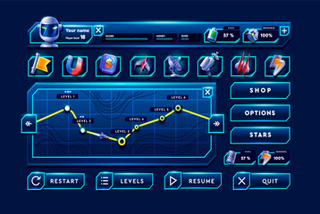 Big set buttons and icon for games app. Glass game UI kit. Space game icon.
