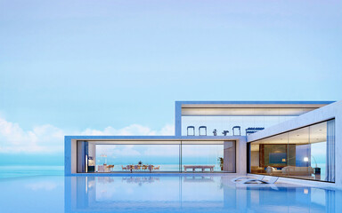 Modern luxury pool villa with sea view background.3d rendering - obrazy, fototapety, plakaty