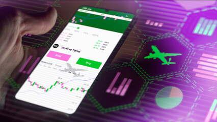 Exchange-traded fund etf chart, stock market data on smartphone. Business analysis of a trend. Invest in international shares ETF. Buying strategic airline fund
