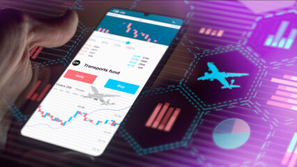 Exchange-traded fund chart, Stock market data on smartphone. Business analysis of a trend. Invest in international shares ETF. Buying strategic transports fund