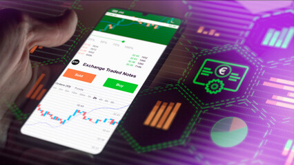 Exchange-traded etf fund chart, stock market etf data on smartphone. Business analysis of a trend. Invest in shares notes ETF. Buying strategic traded notes fund