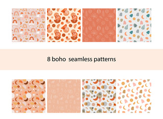 Bohemian seamless patterns collection. Feather, rainbow and monstera design. Vector stock illustration