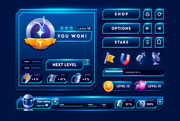 Big set buttons and icon for games app. Glass game UI kit. Space game icon.
