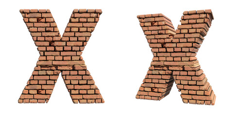 Letter written in red brick, tumbled, solid, indestructible, X