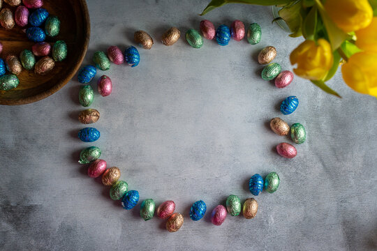 Frame of colorful chocolate eggs