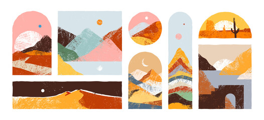 Big set of abstract mountain landscape collection. Trendy hand drawn mural art backgrounds of diverse travel scenery painting. Nature environment, coast biome, multicolor hills, desert dunes. - obrazy, fototapety, plakaty