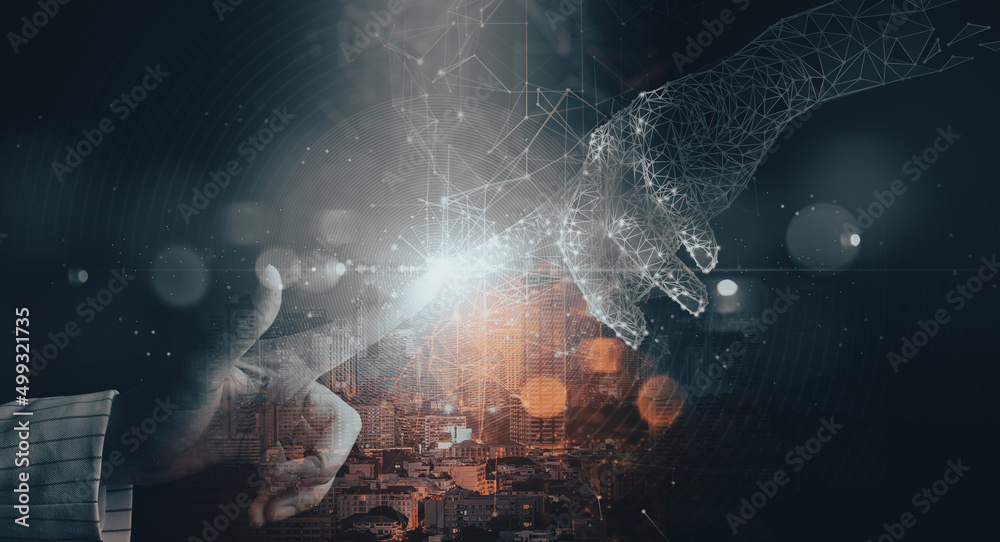 Poster hand of businesswoman touching hand artificial intelligence meaning technology connection go to futu