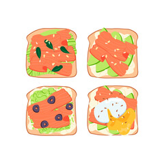 Set of toasts or sandwiches with salmon, avocado, vegetables, egg. Balanced healthy diet, breakfast, snack. Keto diet.