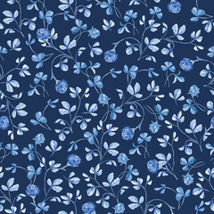 Fototapeta na wymiar Seamless pattern with blue clover flowers, twigs and leaves on a dark blue background. Painted by hand in watercolor. Preferred for fabric, wallpaper, wrapping paper, packaging design.