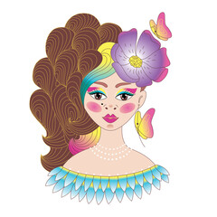 Beautiful girl with a hairstyle surrounded by butterflies and flowers. Color. Print for girls. Vector illustration. Isolated.