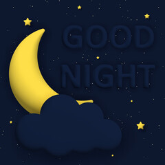 Cute good night background with 3d moon and stars. square composition. 
