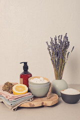 Home cleaning non toxic, natural products. Plastic free, zero waste lifestyle. Flat lay, top view