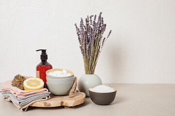 Home cleaning non toxic, natural products. Plastic free, zero waste lifestyle. Flat lay, top view