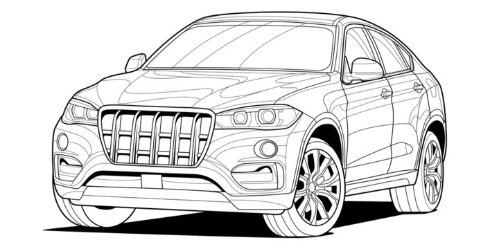 recommend clip art: Coloring page contouring for book and drawing. Concept vector illustration. Offroad drive vehicle. Graphic element. Car wheel. Black contour sketch illustrate Isolated on white background.