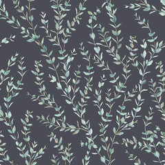 Seamless elegant pattern on a dark background with pale green twigs and eucalyptus leaves. Painted in watercolor. For fabric, wrapping paper, wallpaper and your other design