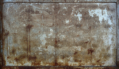 rusty and weathered gray metal plate with worn white paint splatters and dirt grooves - background...