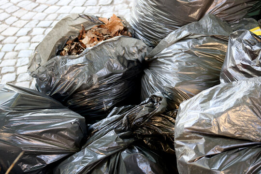 large black garbage bags, full of tree leaves in autumn piled on the ground in the street to clean the environment