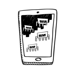 Cartoon style black and white doodle of mobile phone with attacking virus on screen. Black and white vector illustration. 