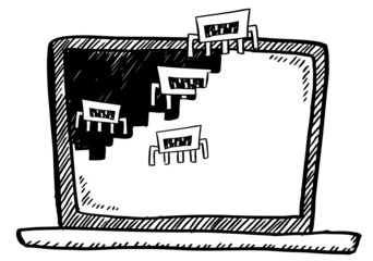 Cartoon style doodle of notebook infected by virus. Hand drawn vector illustration.