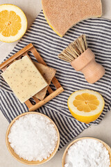 Home cleaning non toxic, natural products. Plastic free, zero waste lifestyle. Flat lay, top view