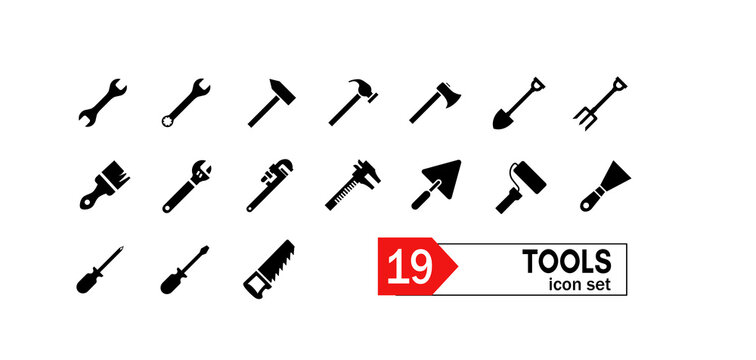 Narzędzia budowlane - zestaw  19  ikon, klucz, młotek, siekiera, łopata, widły pędzel, grabie, kielnia, wałek, śrubokręt, szpachelka , piła