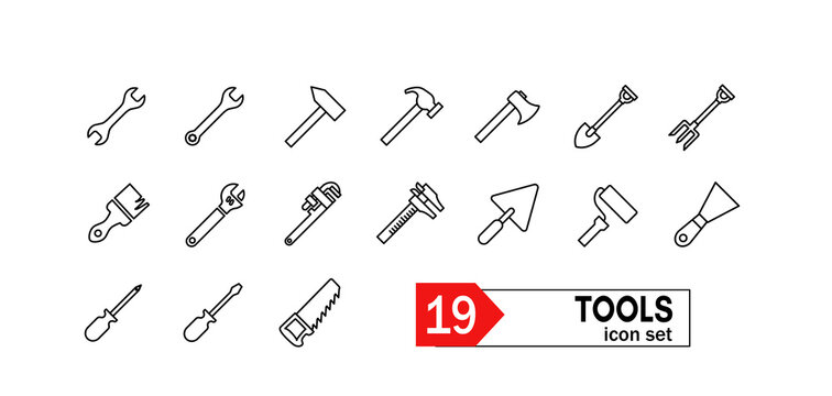 Narzędzia budowlane - zestaw 19 ikon, klucz, młotek, siekiera, łopata, widły pędzel, grabie, kielnia, wałek, śrubokręt, szpachelka , piła
