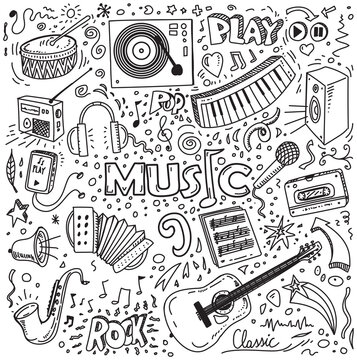 Music doodles, vector hand drawn set on white background