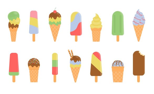 Big set of cute cartoon ice creams.Vector illustration of healthy food for takeout, bar or restaurant menu.
