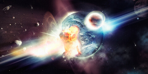 The destructive bombardment of a planet. Image of an apocalyptic scene with meteors smashing into a...