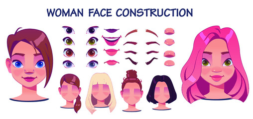 Woman face constructor, avatar of cartoon creation heads, hairstyle, nose, eyes with eyebrows and lips. Facial elements for construction isolated on white background. Vector illustration.
