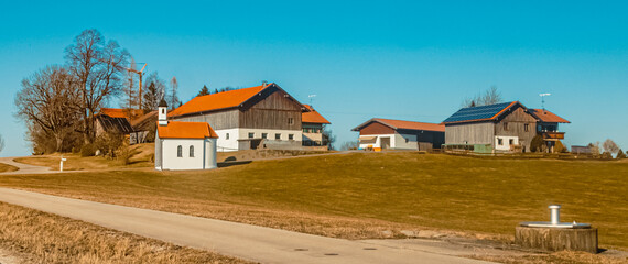 Beautiful winter view with a chapel at Engelbolz, Bavaria, Germany